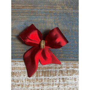 Holiday Christmas Red Bow Rhinestone Brooch With Gold Accent